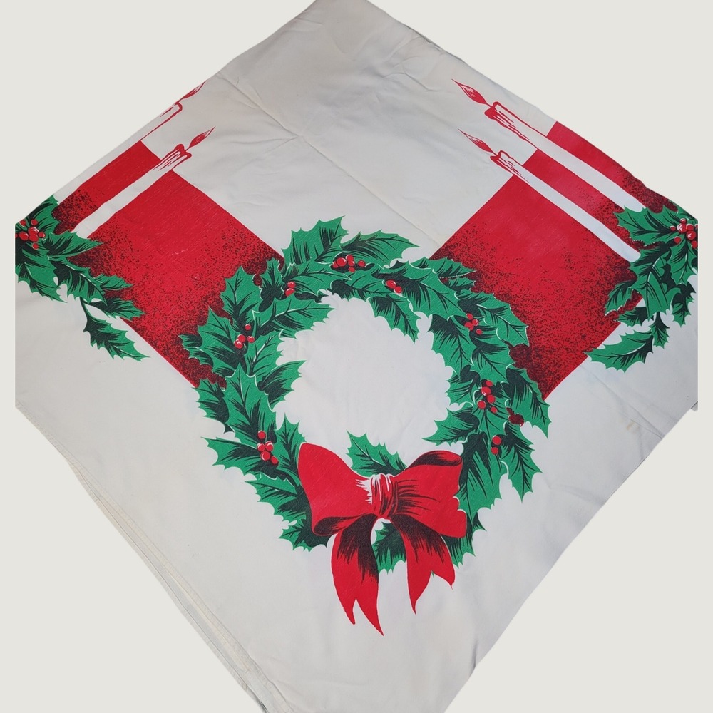 Vintage California Hand Prints Christmas Tablecloth Wreath Candle MCM 60" x 78"